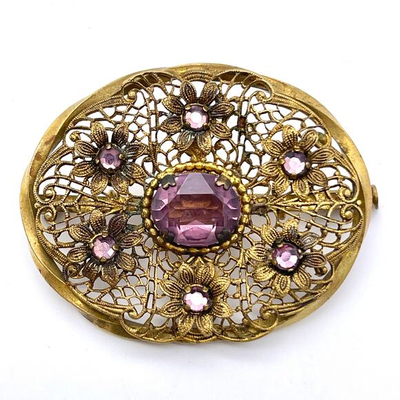 Antique Brass Filigree Brooch with Amethyst-Colored Stones | Trombone Clasp Pin - Picture 1 of 8